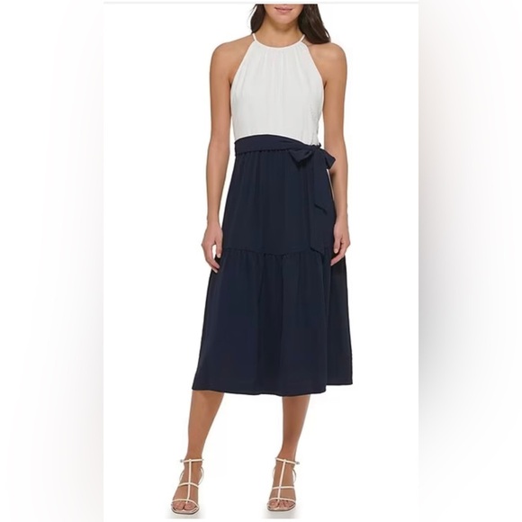 DKNY ivory navy blue colorblock Halter Sleeveless Tie Waist Tiered Dress size 12 - Picture 2 of 3